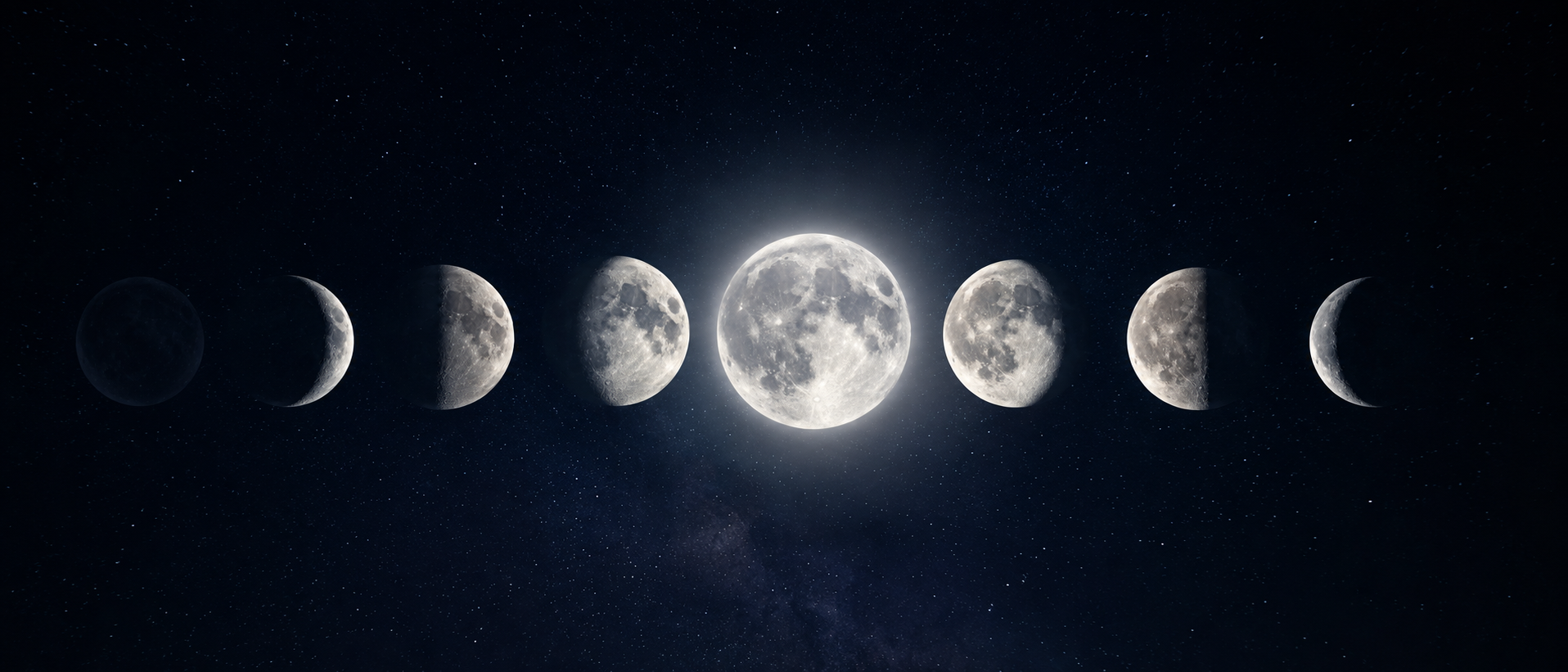 Die acht Mondphasen von Neumond bis abnehmender Sichel vor dem Sternenhimmel