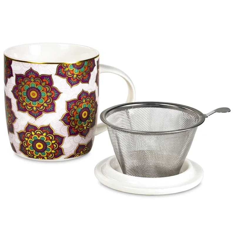 Geschenk-Set Teetasse mit Sieb und Deckel mandala rot