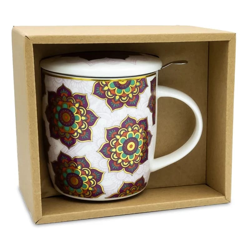 Geschenk-Set Teetasse mit Sieb und Deckel mandala rot