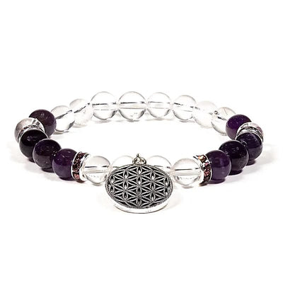 Armband Bergkristall Amethyst+Blume des Lebens