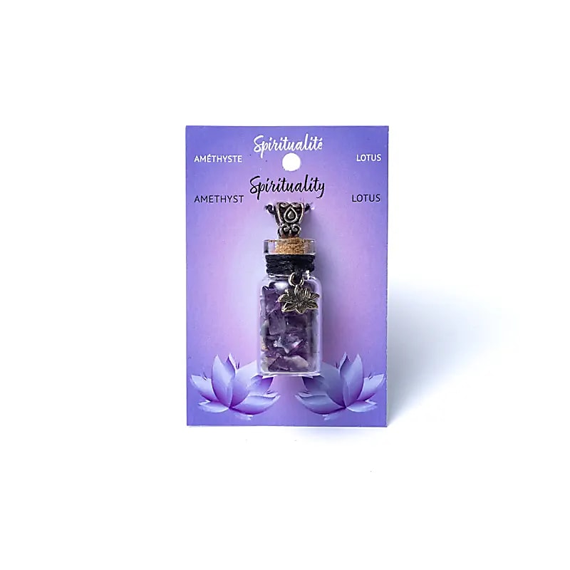 Geschenkflasche aus Glas mit Amethyst und Lotusblüte