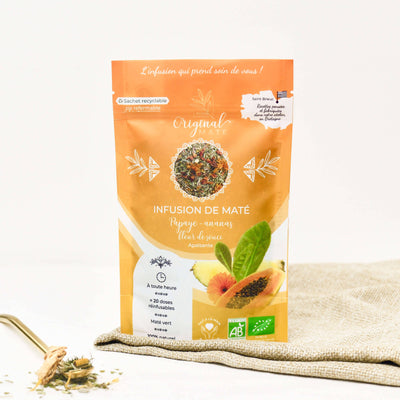 Bio-Mate mit Papaya und Ananas, milde tropische Mischung in nachhaltiger Verpackung.
