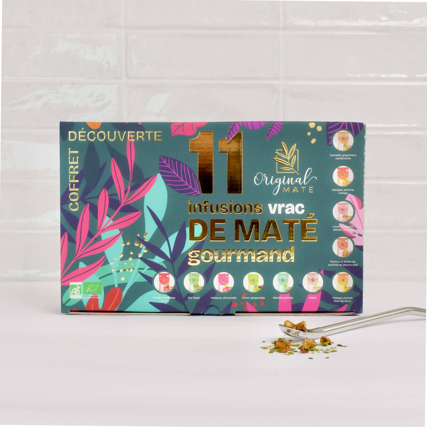 Discovery-Box mit 11 Bio-Mate-Aufgüssen, buntes Geschenkset mit Pflanzenmotiven.