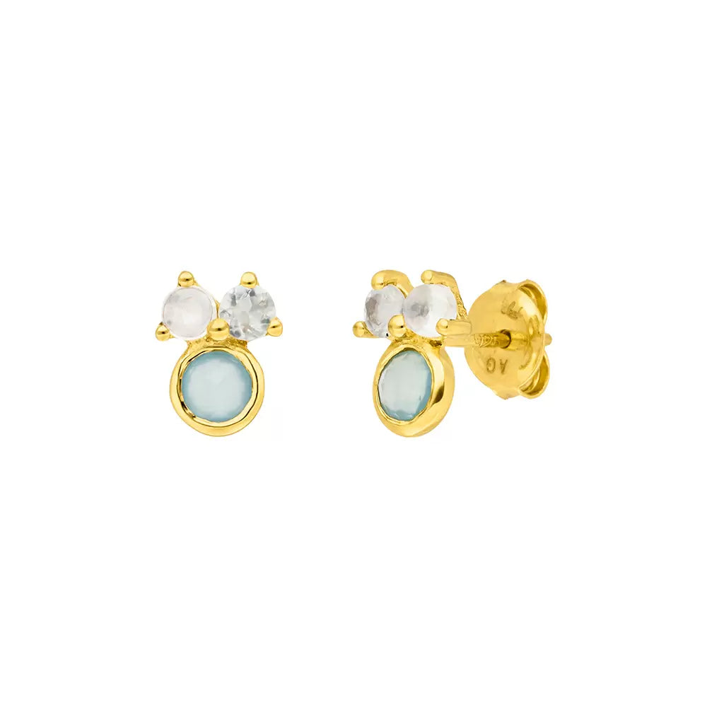 Ohrstecker Three Gems, Aqua Chalzedon, 18 K Gelbgold vergoldet | Leaf