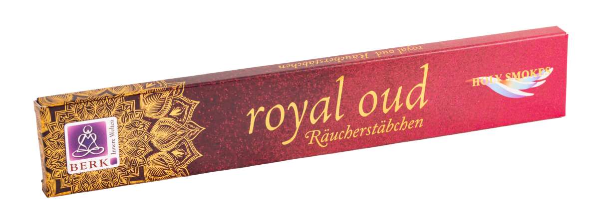 Rote Verpackung mit goldener Verzierung für "Royal Oud" Räucherstäbchen der Marke BERK – Holy Smokes.