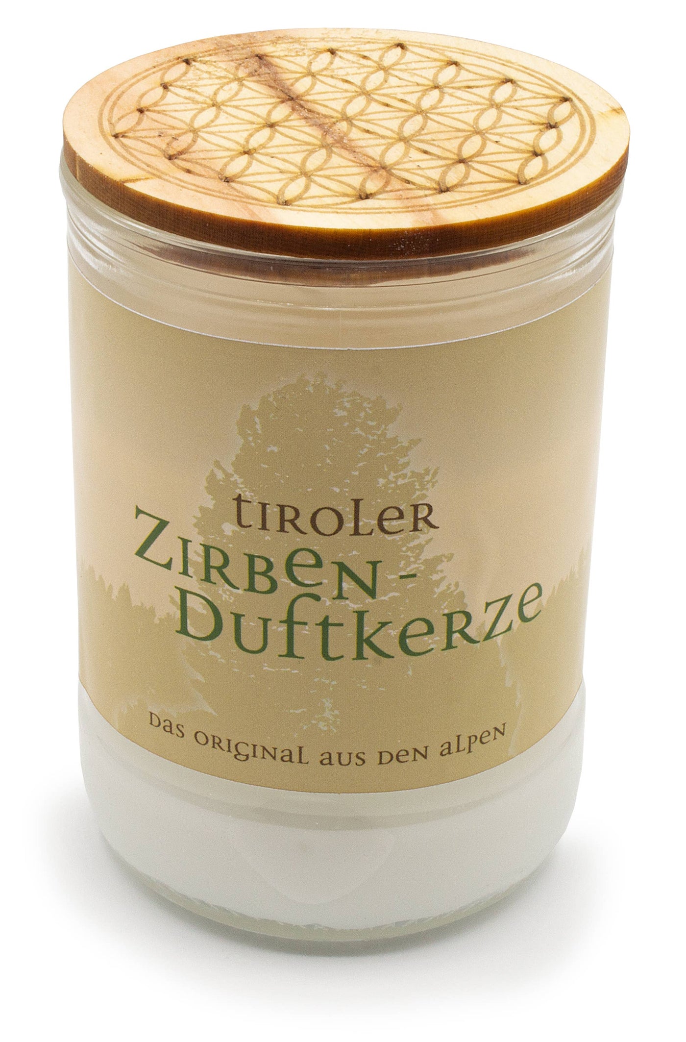Zirben-Duftkerze aus Tirol im Glas mit Zirbenholzdeckel und 70 Stunden Brenndauer.