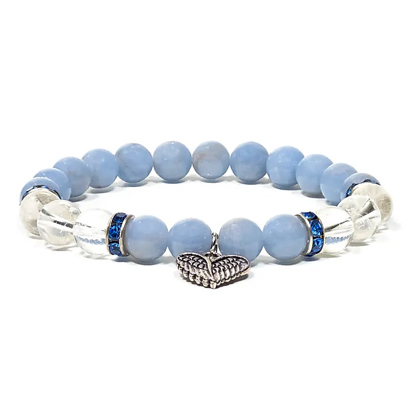 Armband Angelit / Bergkristall mit Herz elastisch - Dianas Klosterlädchen