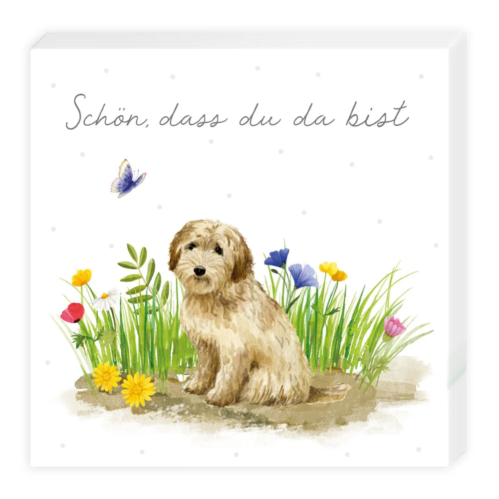 Cocktailserviette „Hundespaß – Schön, dass du da bist“ mit fröhlichem Hundemotiv, Illustration von Maria Over, 3-lagiges Papier, Grätz Verlag