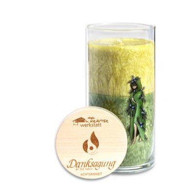 Achtsamkeitskerze „Danksagung an die Natur“ mit Wacholder, Brennnessel, Johanniskraut, Weißdorn und Salbei. Duftkomposition mit Vetiver und Zedernholz.