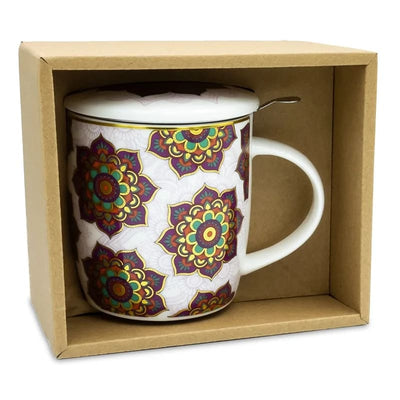 Geschenk-Set Teetasse mit Sieb und Deckel mandala rot - Dianas Klosterlädchen