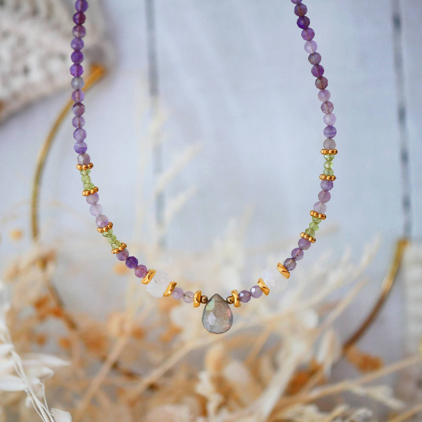 Halskette Labradorit, Amethyst, Peridot - Elyna - Dianas Klosterlädchen