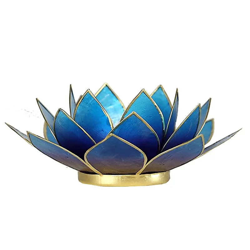 Lotus Teelichthalter blau/violett goldfarbig 13,5 cm in www.klosterlaedchen.com