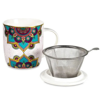 Geschenk-Set Teetasse mit Sieb Mandala türkis