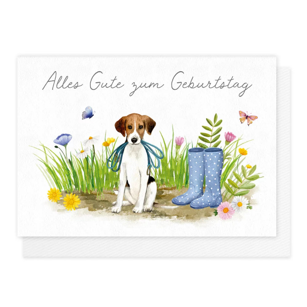 Klappkarte „Hundespaß – Alles Gute zum Geburtstag“ mit Hundemotiv, Illustration von Maria Over