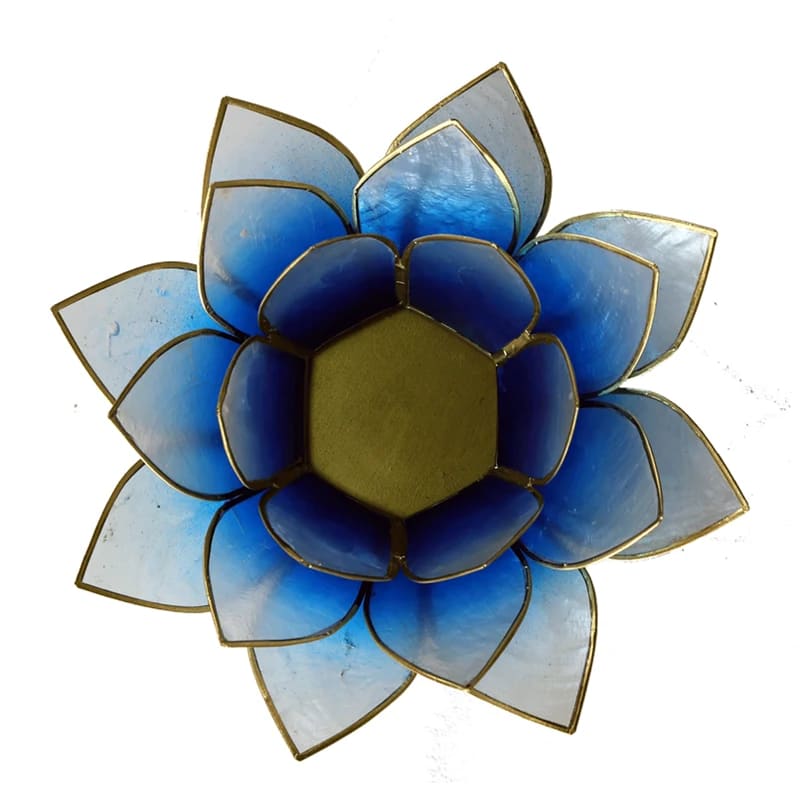 Lotus Teelichthalter blau/weiß goldfarbig 13,5 cm - Dianas Klosterlädchen