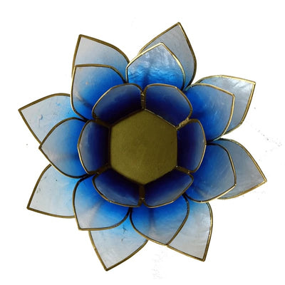 Lotus Teelichthalter blau/weiß goldfarbig 13,5 cm - Dianas Klosterlädchen