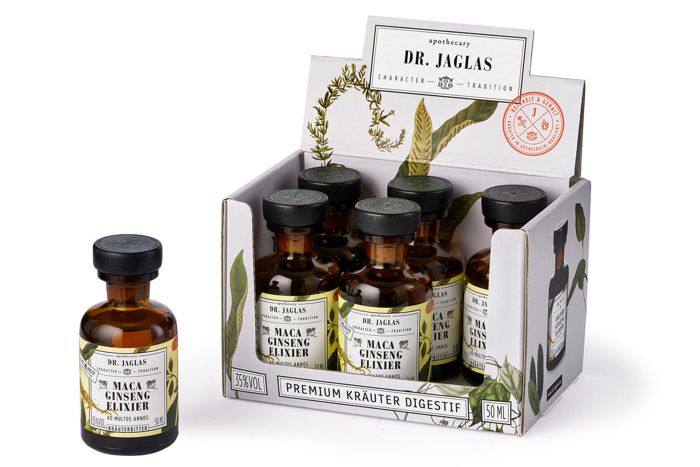 Maca Ginseng-Elixier Premium Kräuterbitter - 35%vol - 6 x 50ml - Dianas Klosterlädchen