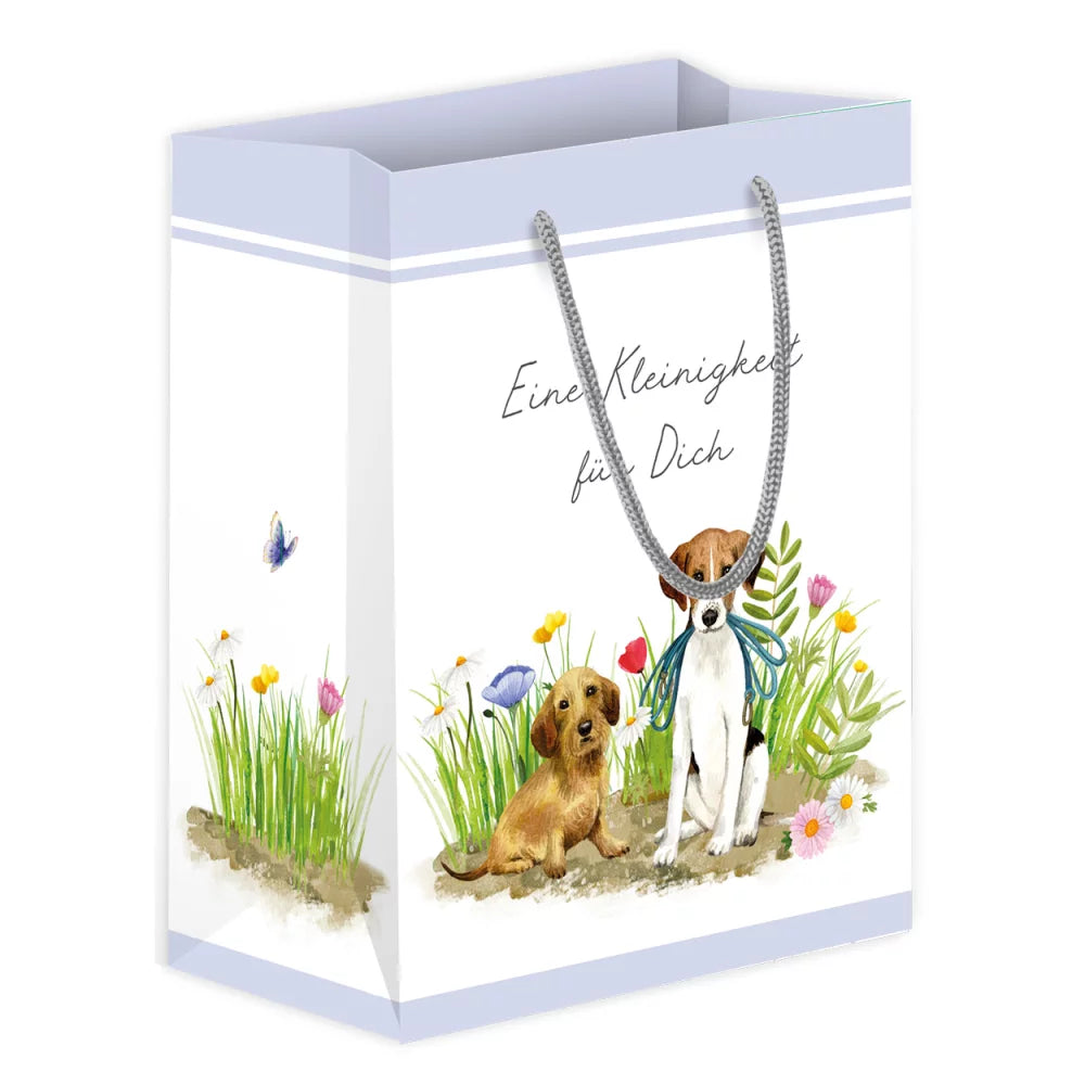 Mittlere Geschenktüte „Hundespaß“ mit zwei fröhlichen Hunden und Aufschrift „Eine Kleinigkeit für dich“, Grätz Verlag