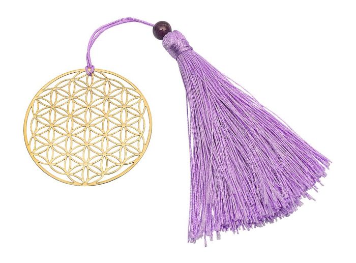 „Goldfarbenes Metall-Lesezeichen mit Blume des Lebens und violetter Quaste – spirituelles Accessoire für Bücherliebhaber.“
Ohne Verpackun