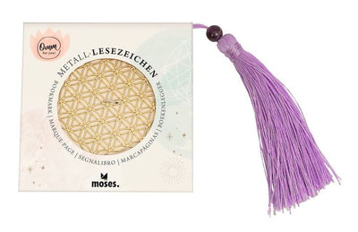 „Goldfarbenes Metall-Lesezeichen mit Blume des Lebens und violetter Quaste – spirituelles Accessoire für Bücherliebhaber.“
