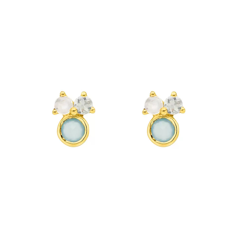 Ohrstecker Three Gems, Aqua Chalzedon, 18 K Gelbgold vergoldet | Leaf