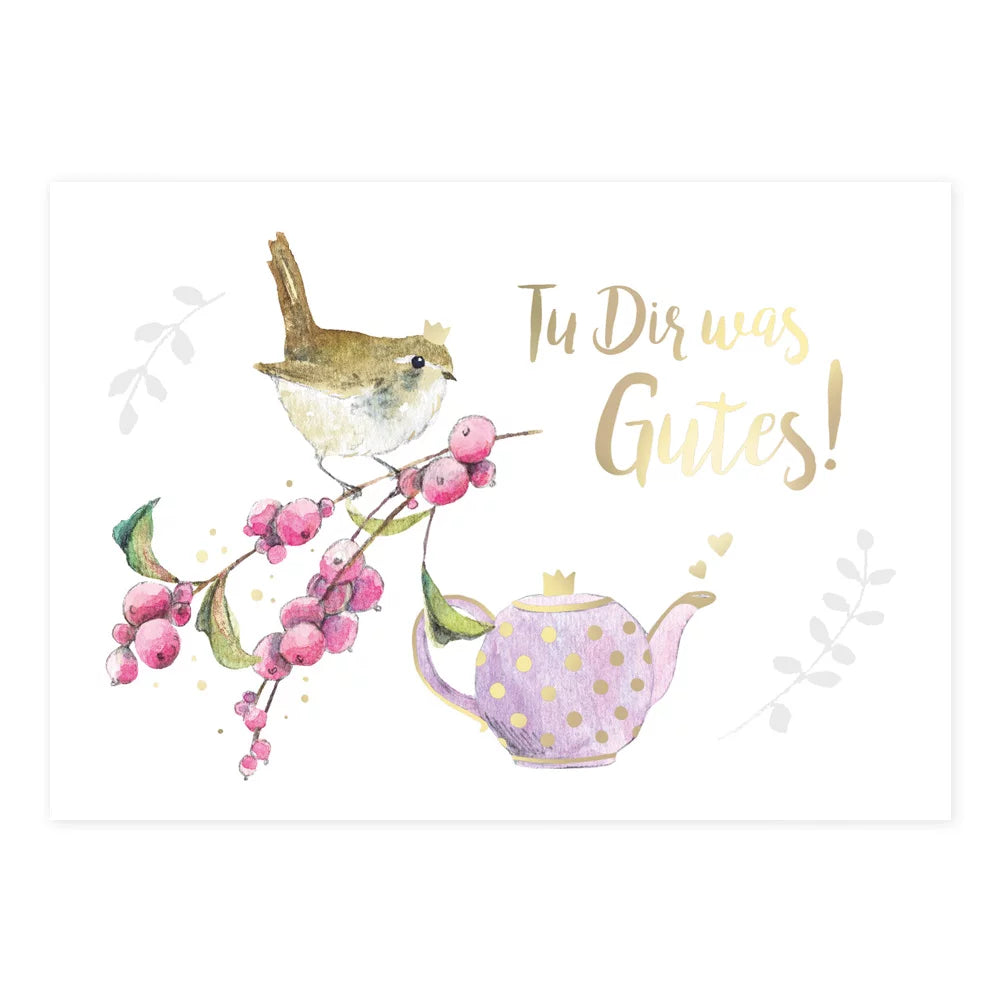 Postkarte "Tu dir was gutes!" Vogel und Kanne - Dianas Klosterlädchen
