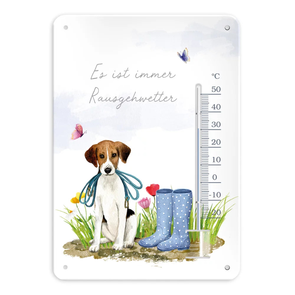 Thermometer „Hundespaß“ mit fröhlichem Hund, der seine eigene Leine im Maul trägt – liebevolles Design von Grätz Verlag