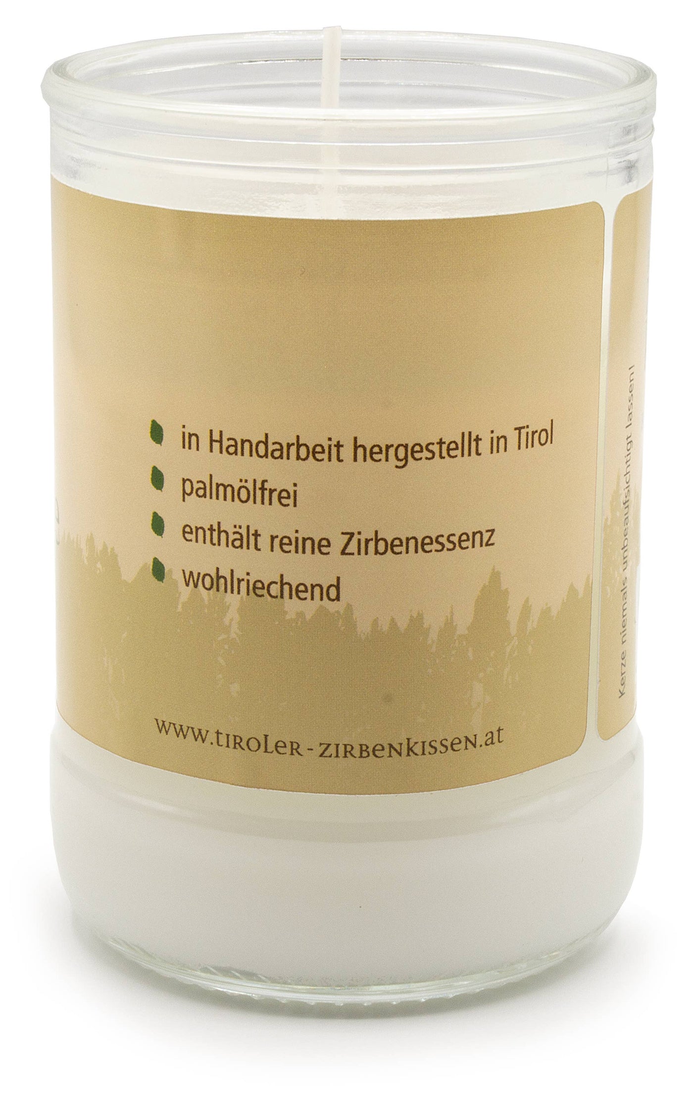 Zirben-Duftkerze aus Tirol im Glas mit Zirbenholzdeckel und 70 Stunden Brenndauer Rückseite
