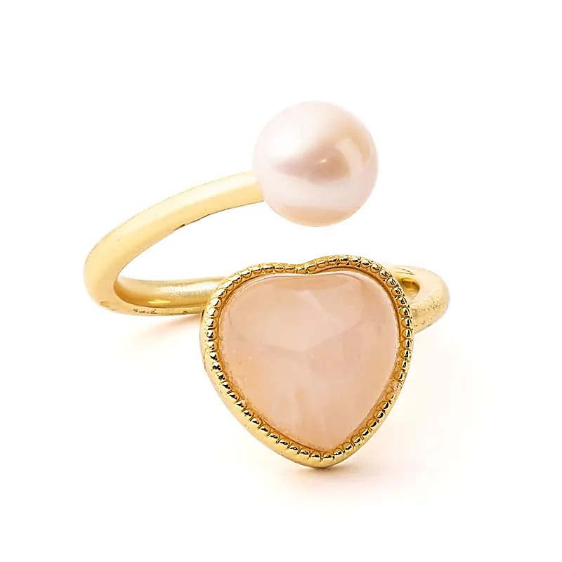 Verstellbarer Ring mit Perle und Rosenquarz-Herz - Dianas Klosterlädchen