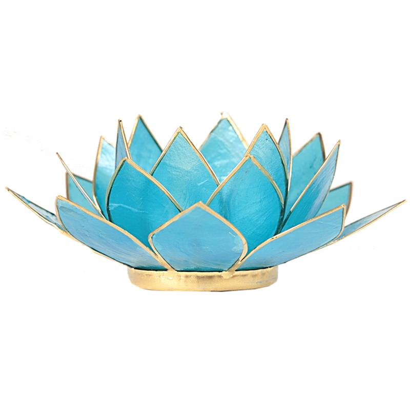 Lotus Teelichthalter blau 5. Chakra goldfarbig 13,5 cm. @klosterlaedchen.com