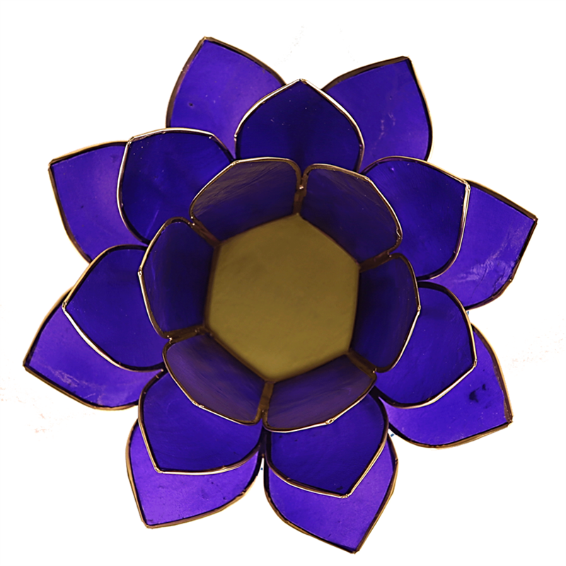 Lotus Teelichthalter indigo 6. Chakra goldfarbig 13,5 cm. @klosterlaedchen.com