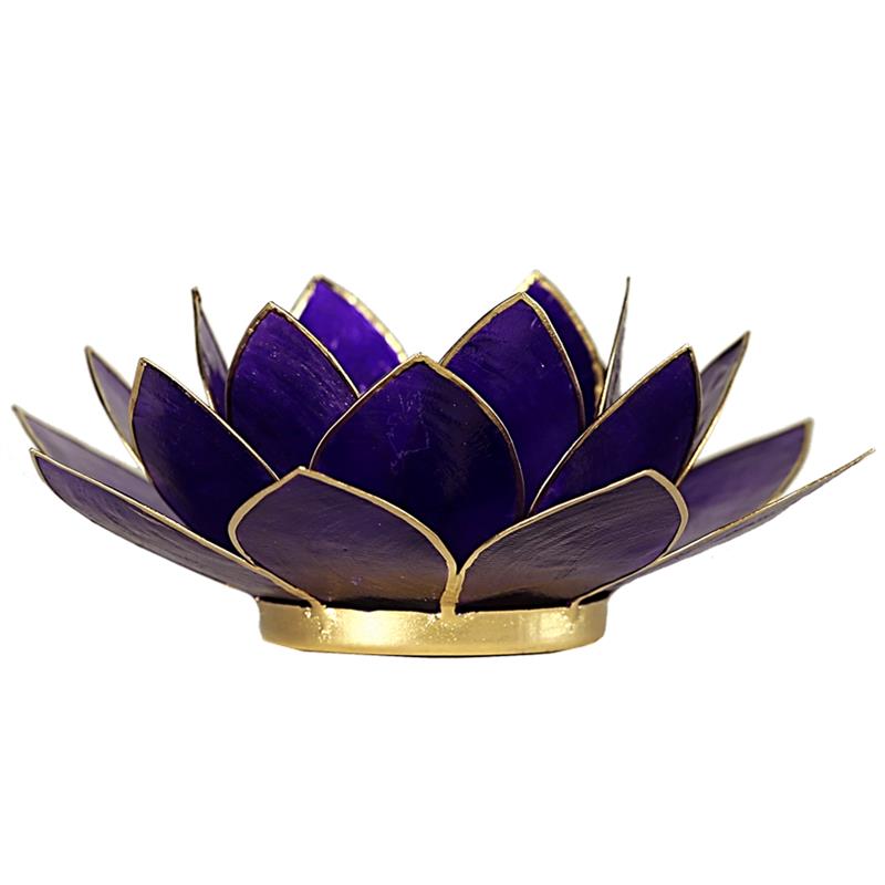 Lotus Teelichthalter violett 7. Chakra goldfarbig 13,5 cm  @klosterlaedchen.com