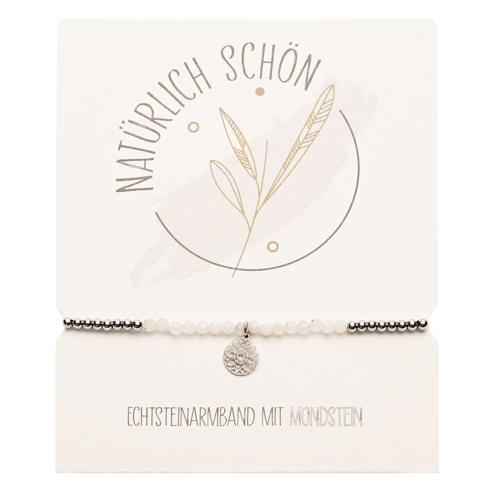Echtstein-Kugelarmband - "Natürlich schön" - Mondstein - Edelstahl - Mandala des Glücks