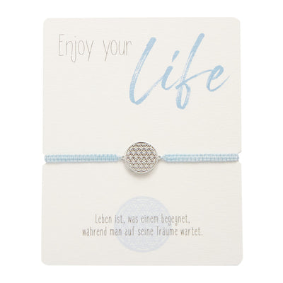 Armband - "Enjoy your life" - Edelstahl - Blume des Lebens - hellblau