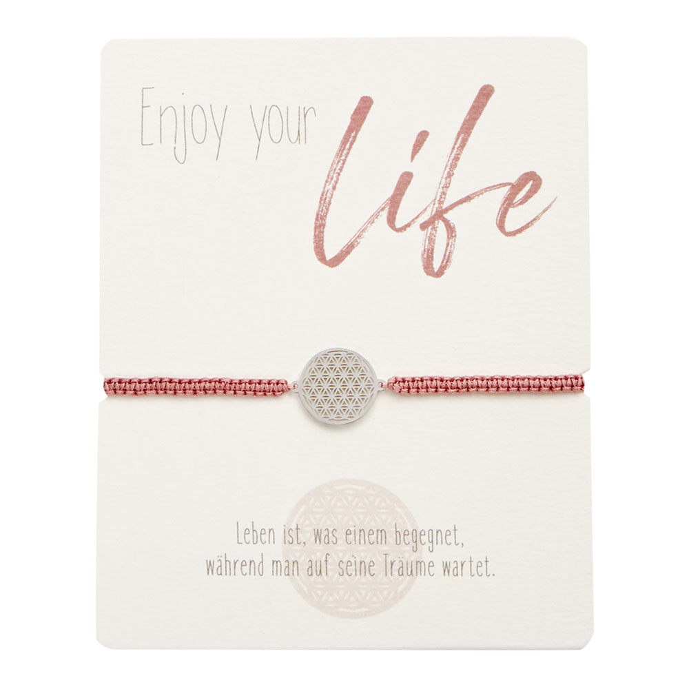 Armband - "Enjoy your life" - Edelstahl - Blume des Lebens - rosa