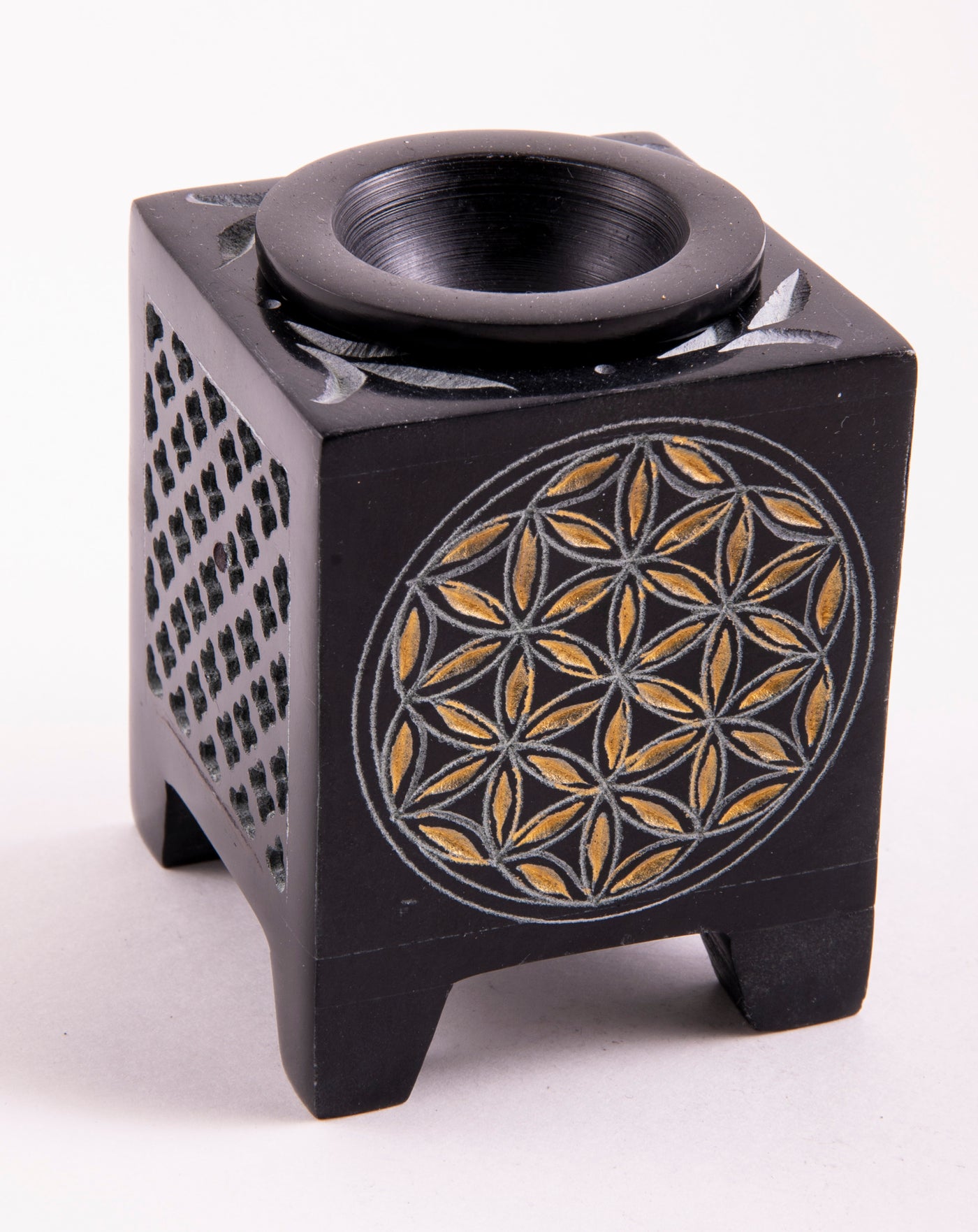 Aromalampe Blume des Lebens quadratisch, schwarz - gold - Dianas Klosterlädchen