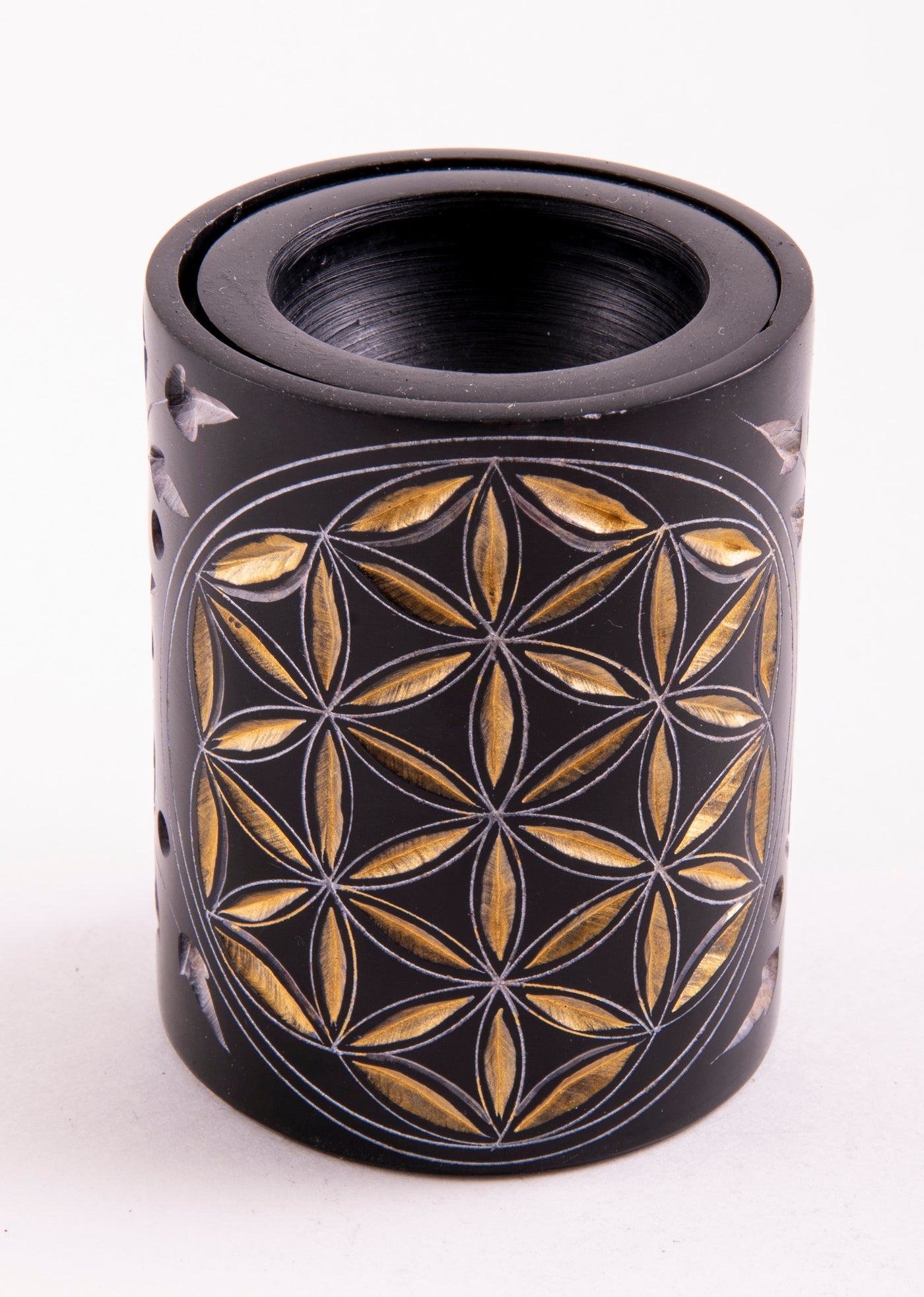 Aromalampe Blume des Lebens Zylinder schwarz - gold - Dianas Klosterlädchen