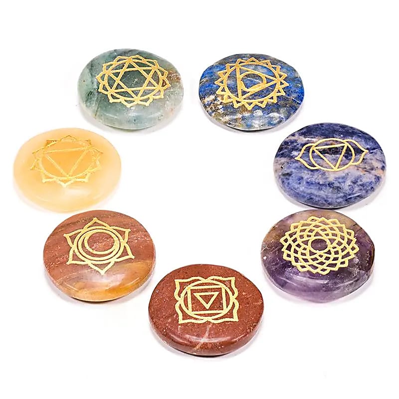 Edelstein SET mit 7 Chakra Symbolsteinen rund - Dianas Klosterlädchen