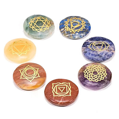 Edelstein SET mit 7 Chakra Symbolsteinen rund - Dianas Klosterlädchen