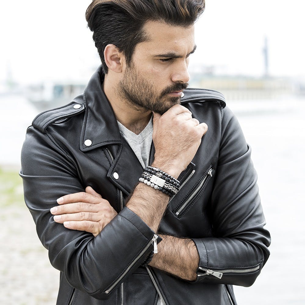 Frank 1967 Armband | Achat schwarz | 8mm breit | Edelstahl Buddhakopf - Dianas Klosterlädchen