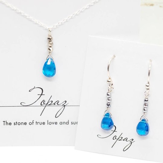 Blauer Topaz Schmuck-Set Regentropfenkette & Ohrhänger - Dianas Klosterlädchen
