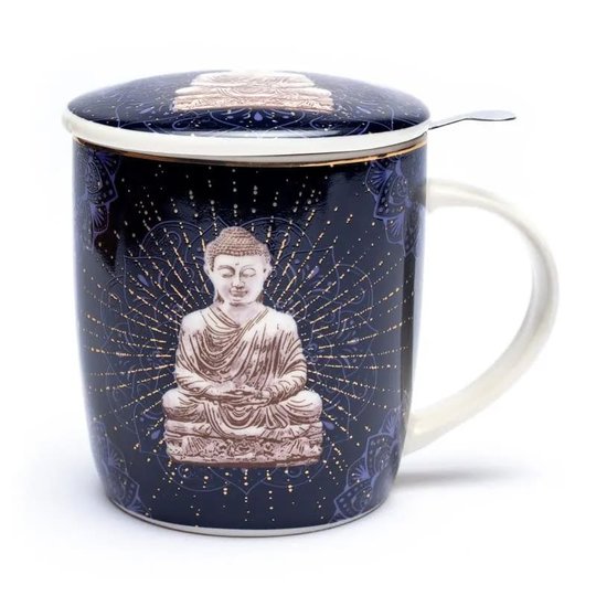Geschenk-Set Teetasse blauer Buddha mit Sieb und Deckel - Dianas Klosterlädchen