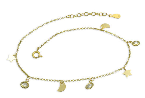 Fußkette Mond Sterne 3 Zirkonia 22+3cm vergoldet - Dianas Klosterlädchen