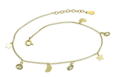 Fußkette Mond Sterne 3 Zirkonia 22+3cm vergoldet - Dianas Klosterlädchen
