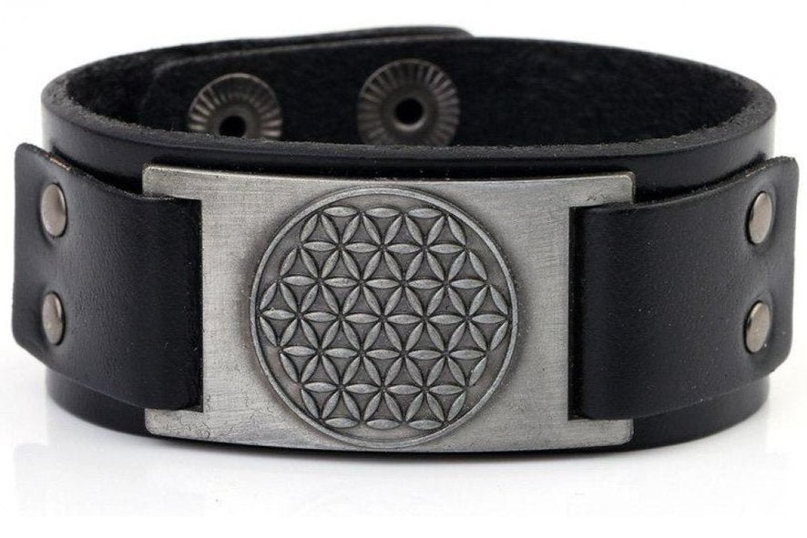 Armband "Blume des Lebens" Leder, schwarz - Dianas Klosterlädchen