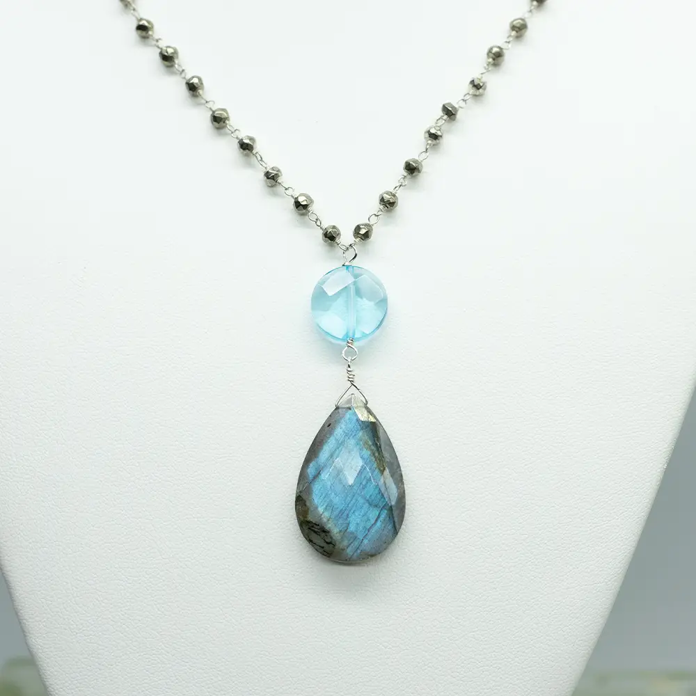 Labradorit Teardrop & Blauer Quarz Wasserfall Halskette | silber - Dianas Klosterlädchen