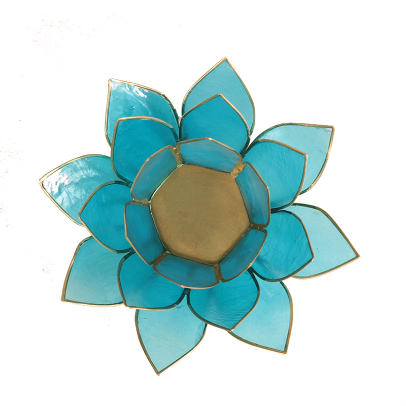Lotus Teelichthalter blau 5. Chakra goldfarbig 13,5 cm - Dianas Klosterlädchen