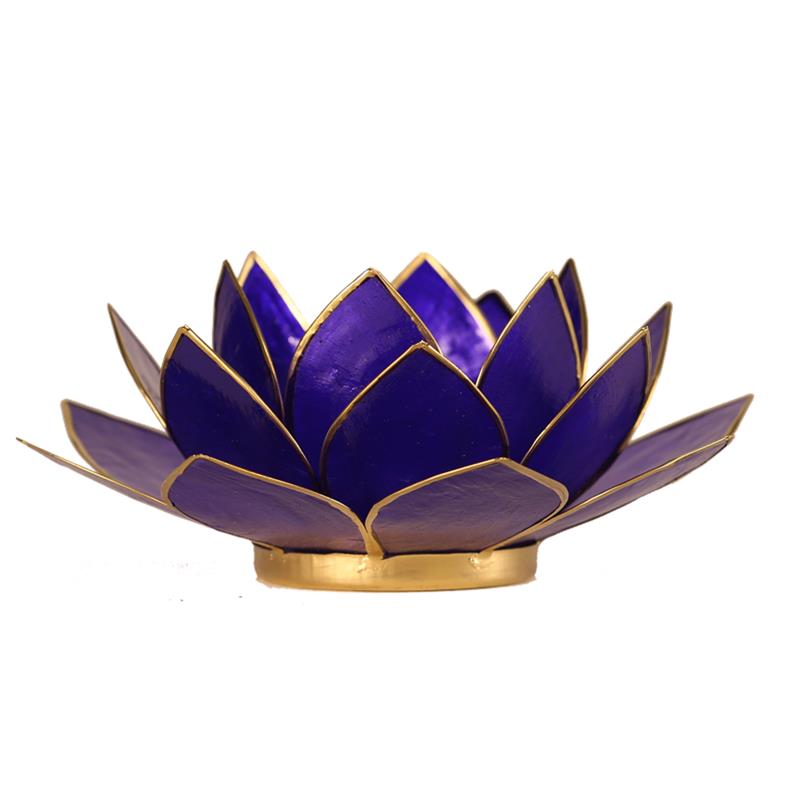 Lotus Teelichthalter indigo 6. Chakra goldfarbig 13,5 cm - Dianas Klosterlädchen