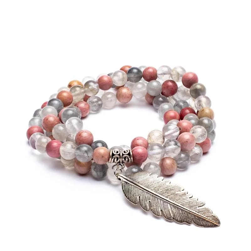 Mala Kette Rhodonit grauer Quarz mit Feder - Dianas Klosterlädchen