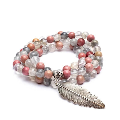Mala Kette Rhodonit grauer Quarz mit Feder - Dianas Klosterlädchen